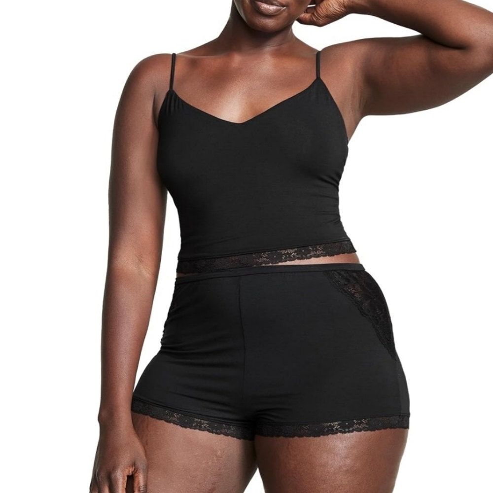 Victoria's Secret Lace Modal Super Soft Cropped Cami Shorts Set Sleepwear Black